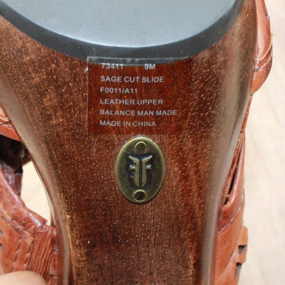 Frye Sage Cut Brown Leather Slip On Platform Heeled Sandals Size 9 Medium - Picture 8 of 9